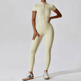 Reißverschluss Kurzarm Nude Feel Yoga Jumpsuit Oberbekleidung Fitness Sport Einteilige Strumpfhose